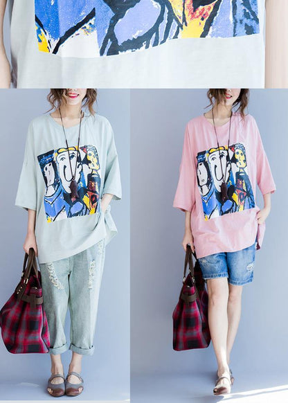 Plus Size Pink Graphic Half Sleeve Cotton Summer Top - SooLinen