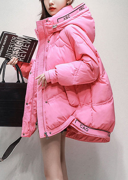 Plus Size Pink Hooded Pockets Drawstring Duck Down Coats Winter