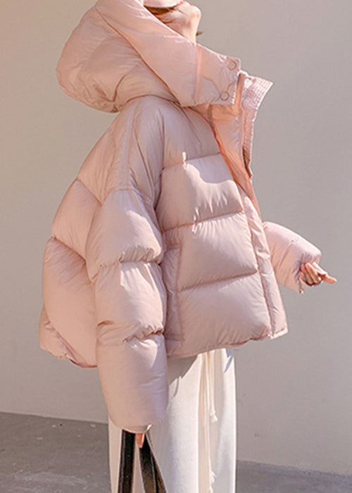 Abrigo de plumón de pato con bolsillos con cremallera y capucha rosa de talla grande para invierno