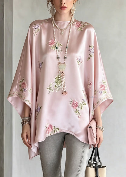 Plus Size Pink O-Neck Print Shirt Tops Fall