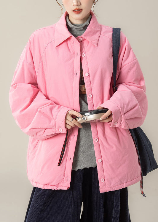 Camisas de algodón con cuello Peter Pan y bolsillos de talla grande, color rosa, para invierno