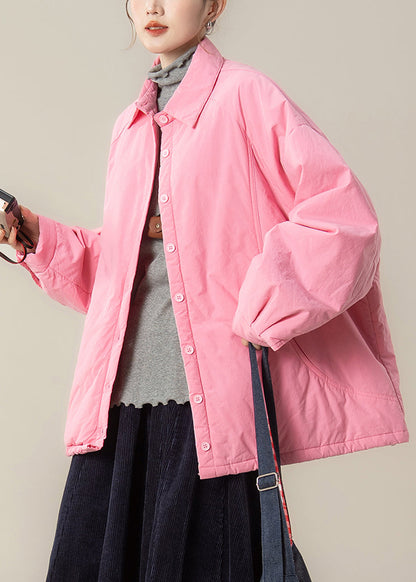 Camisas de algodón con cuello Peter Pan y bolsillos de talla grande, color rosa, para invierno