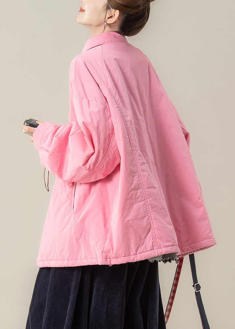 Camisas de algodón con cuello Peter Pan y bolsillos de talla grande, color rosa, para invierno