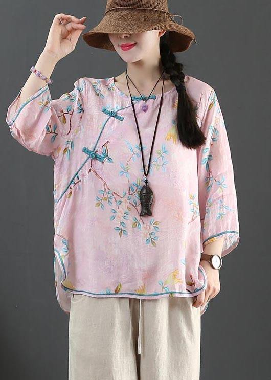 Plus Size Pink Print Linen Oriental Summer Shirts - SooLinen