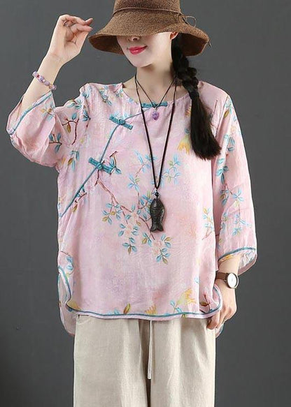 Plus Size Pink Print Linen Oriental Summer Shirts - SooLinen