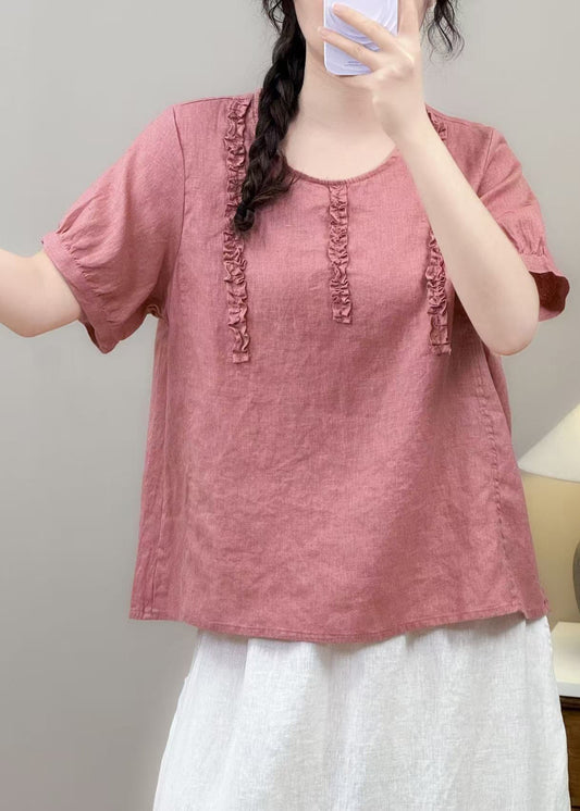 Plus Size Pink Ruffled Cotton Shirt Top Summer