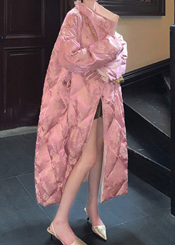 Parka larga de invierno con relleno de algodón y estampado de cuello alto rosa de talla grande