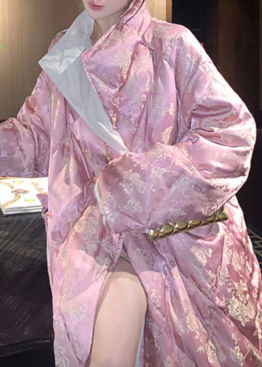 Parka larga de invierno con relleno de algodón y estampado de cuello alto rosa de talla grande