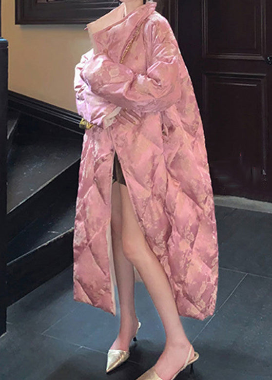 Parka larga de invierno con relleno de algodón y estampado de cuello alto rosa de talla grande