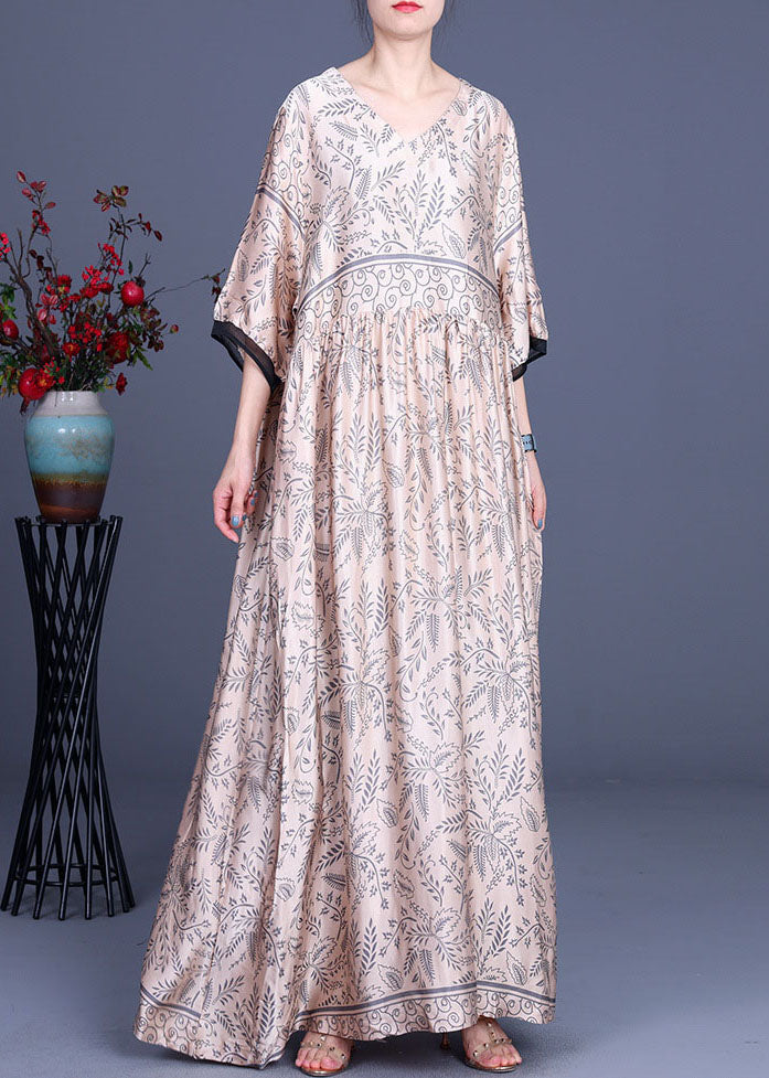 Plus Size Rosa Seiden-Maxikleid mit V-Ausschnitt und halben Ärmeln