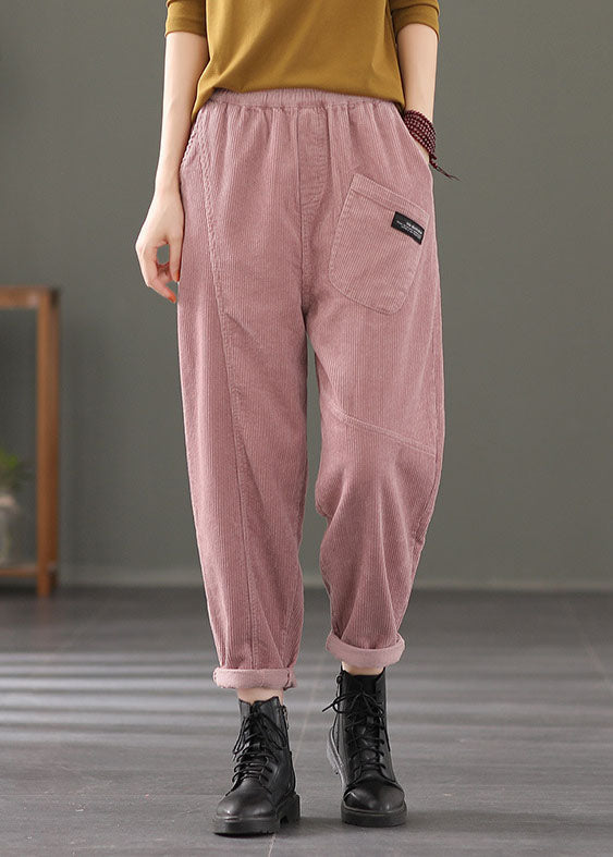 Plus Größe Rosa elastische taille Taschen Patchwork Cord harem Hosen Frühling