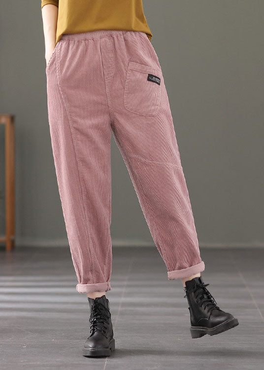Plus Größe Rosa elastische taille Taschen Patchwork Cord harem Hosen Frühling