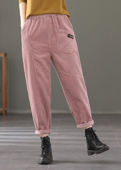 Plus Größe Rosa elastische taille Taschen Patchwork Cord harem Hosen Frühling