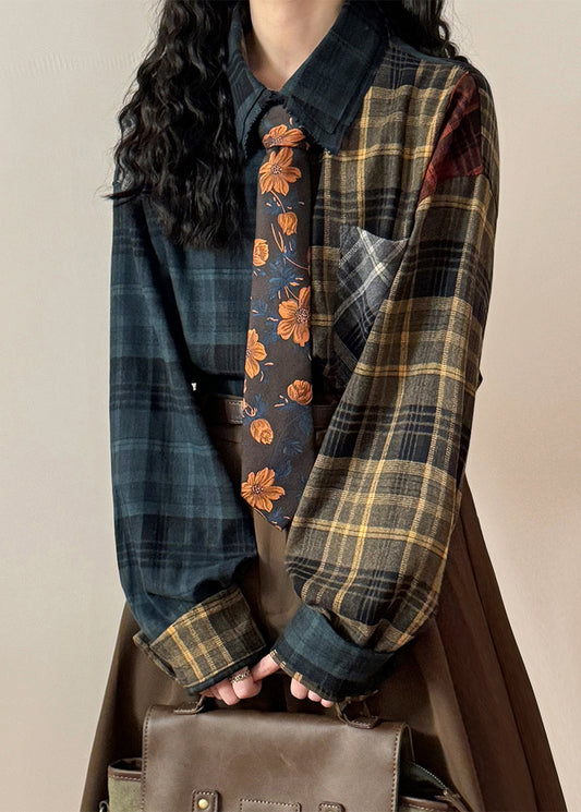 Plus Size Plaid Asymmetrical Pockets Patchwork Cotton Shirt Spring