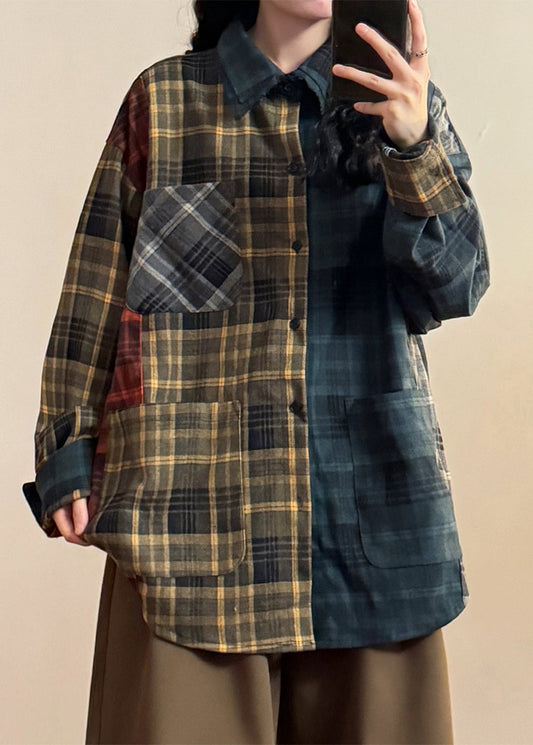 Plus Size Plaid Asymmetrical Pockets Patchwork Cotton Shirt Spring