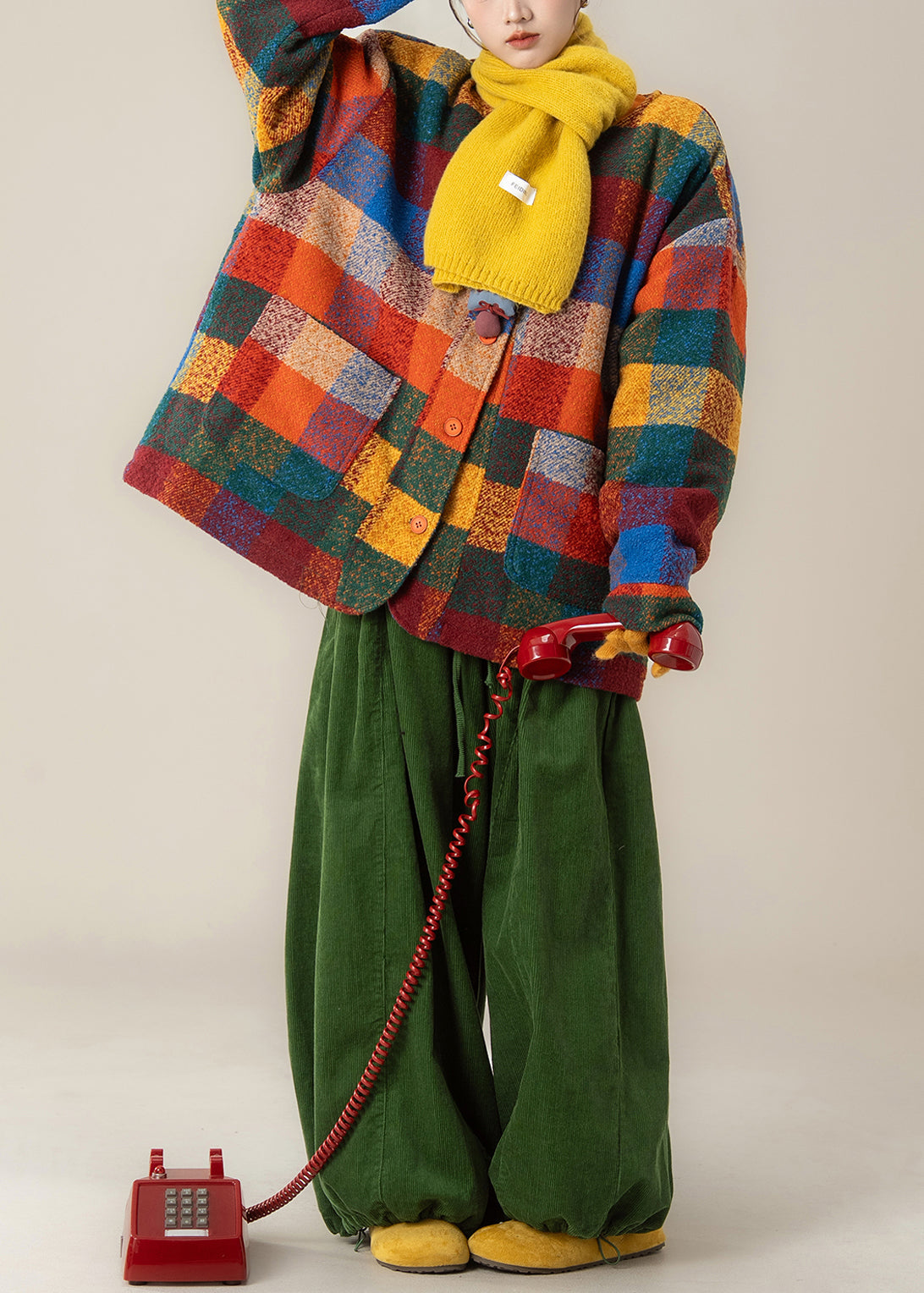 Plus Size Plaid Pockets Woolen Coat And Green Pants Two Pieces Set Winter