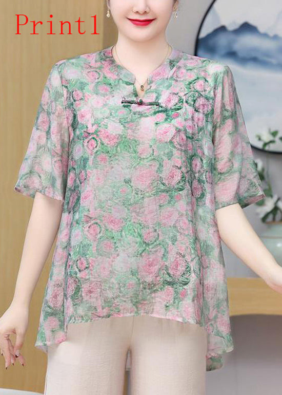 Plus Size Print Oriental Button Chiffon Top Summer