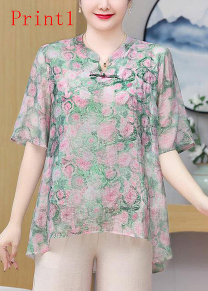 Plus Size Print Oriental Button Chiffon Top Summer