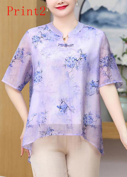 Plus Size Print Oriental Button Chiffon Top Summer