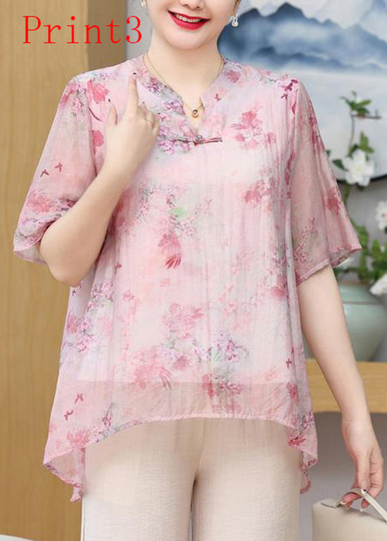 Plus Size Print Oriental Button Chiffon Top Summer