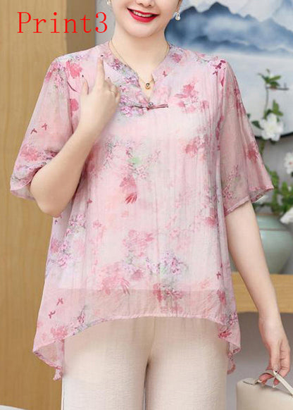 Plus Size Print Oriental Button Chiffon Top Summer