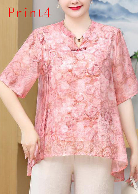 Plus Size Print Oriental Button Chiffon Top Summer