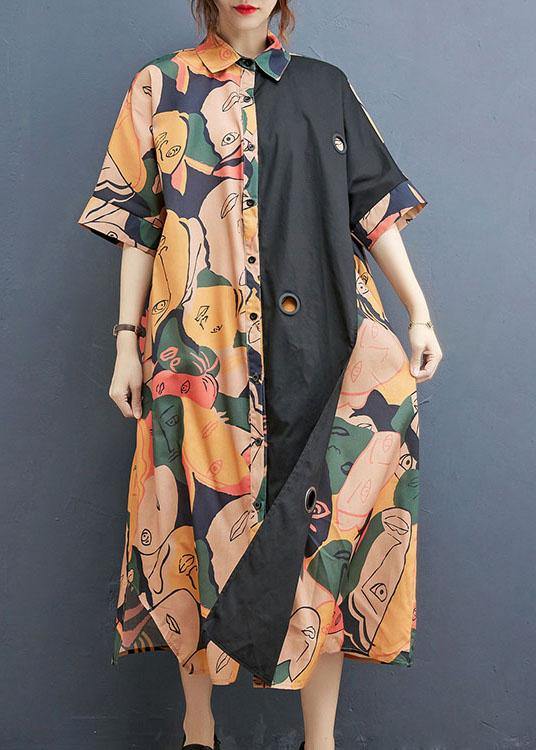 Plus Size Print Patchwork Cotton asymmetrical designside open Summer Maxi Dress - SooLinen