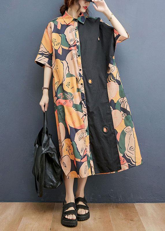 Plus Size Print Patchwork Cotton asymmetrical designside open Summer Maxi Dress - SooLinen