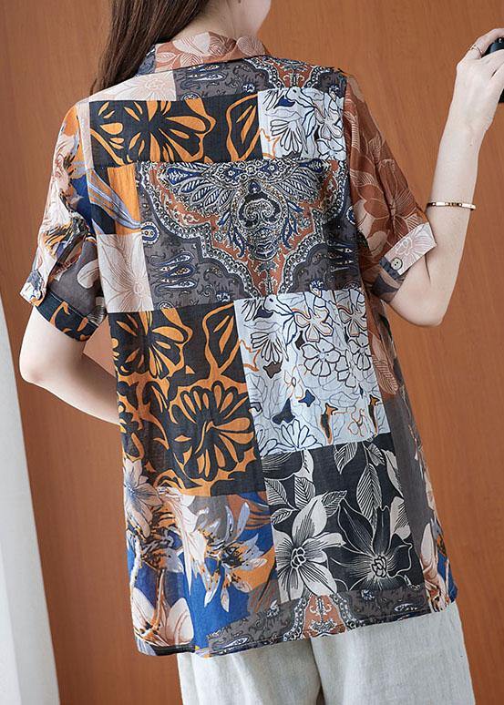 Plus Size Print Peter Pan Collar Button Cotton Linen Top Summer - SooLinen