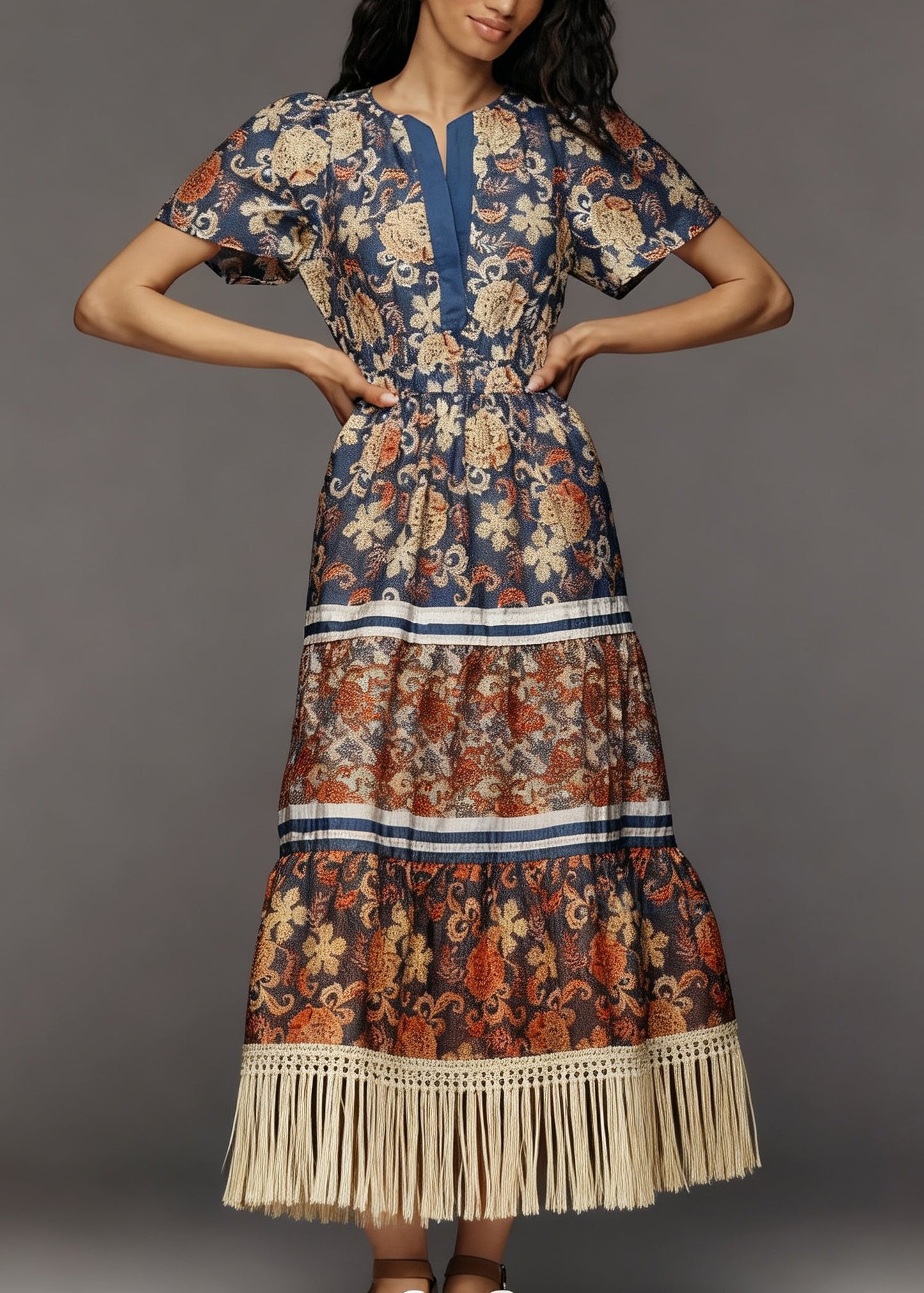 Plus Size Print Tasseled Patchwork Cotton Dress Summer