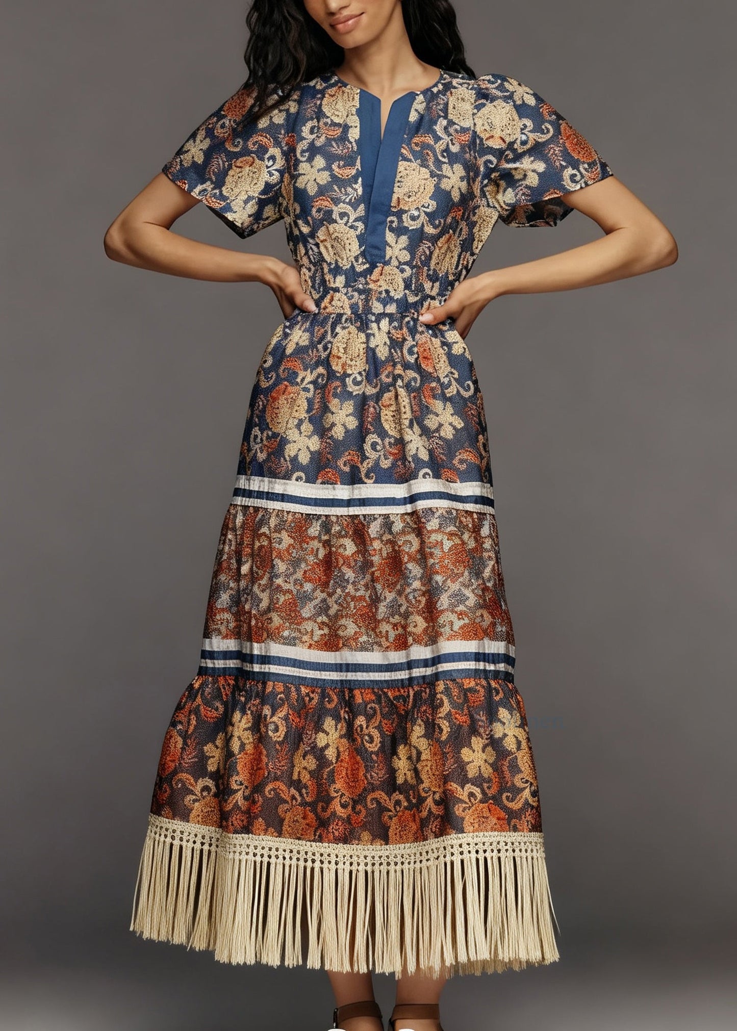 Plus Size Print Tasseled Patchwork Cotton Dress Summer