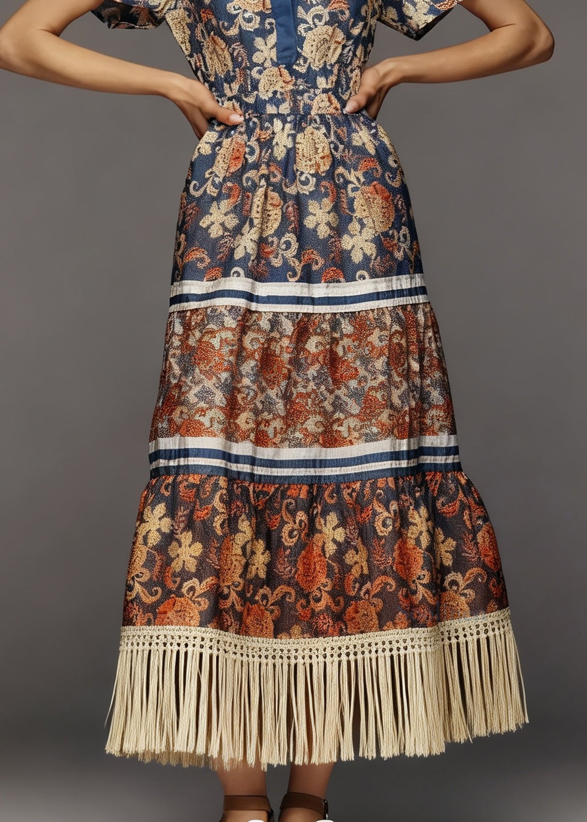 Plus Size Print Tasseled Patchwork Cotton Dress Summer