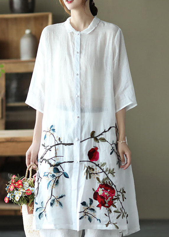 Plus Size Lila Knopf Besticktes Herbsthemd Halbarm