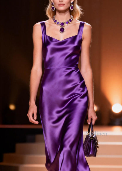 Plus Size Purple Draping Silk Spaghetti Strap Dress Summer