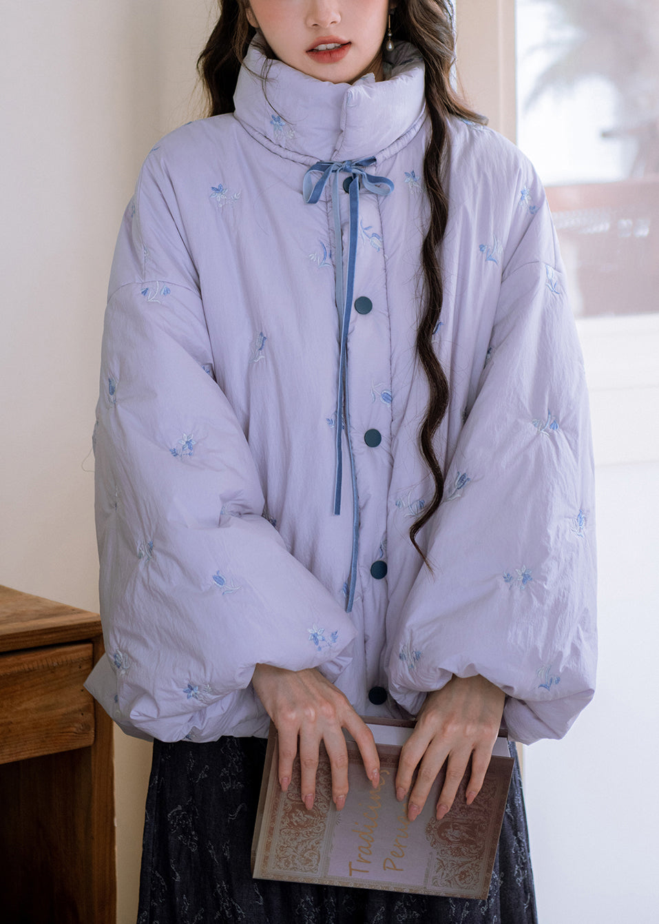 Plus Size Purple Embroidered Lace Up Pockets Cotton Filled Parkas Winter