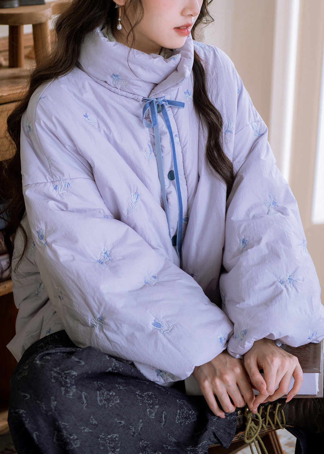 Plus Size Purple Embroidered Lace Up Pockets Cotton Filled Parkas Winter