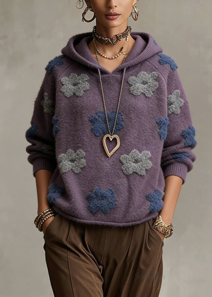 Plus Size Purple Floral Hooded Cotton Knit Sweaters Spring