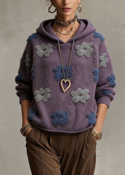 Plus Size Purple Floral Hooded Cotton Knit Sweaters Spring