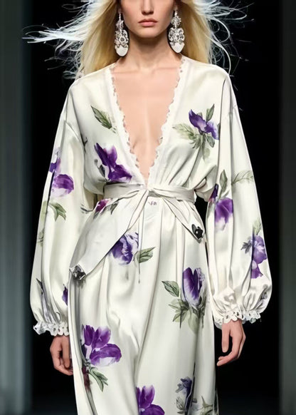 Plus Size Purple Floral Patchwork Silk Tunic Dresses Spring