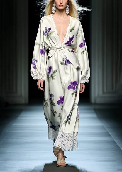 Plus Size Purple Floral Patchwork Silk Tunic Dresses Spring