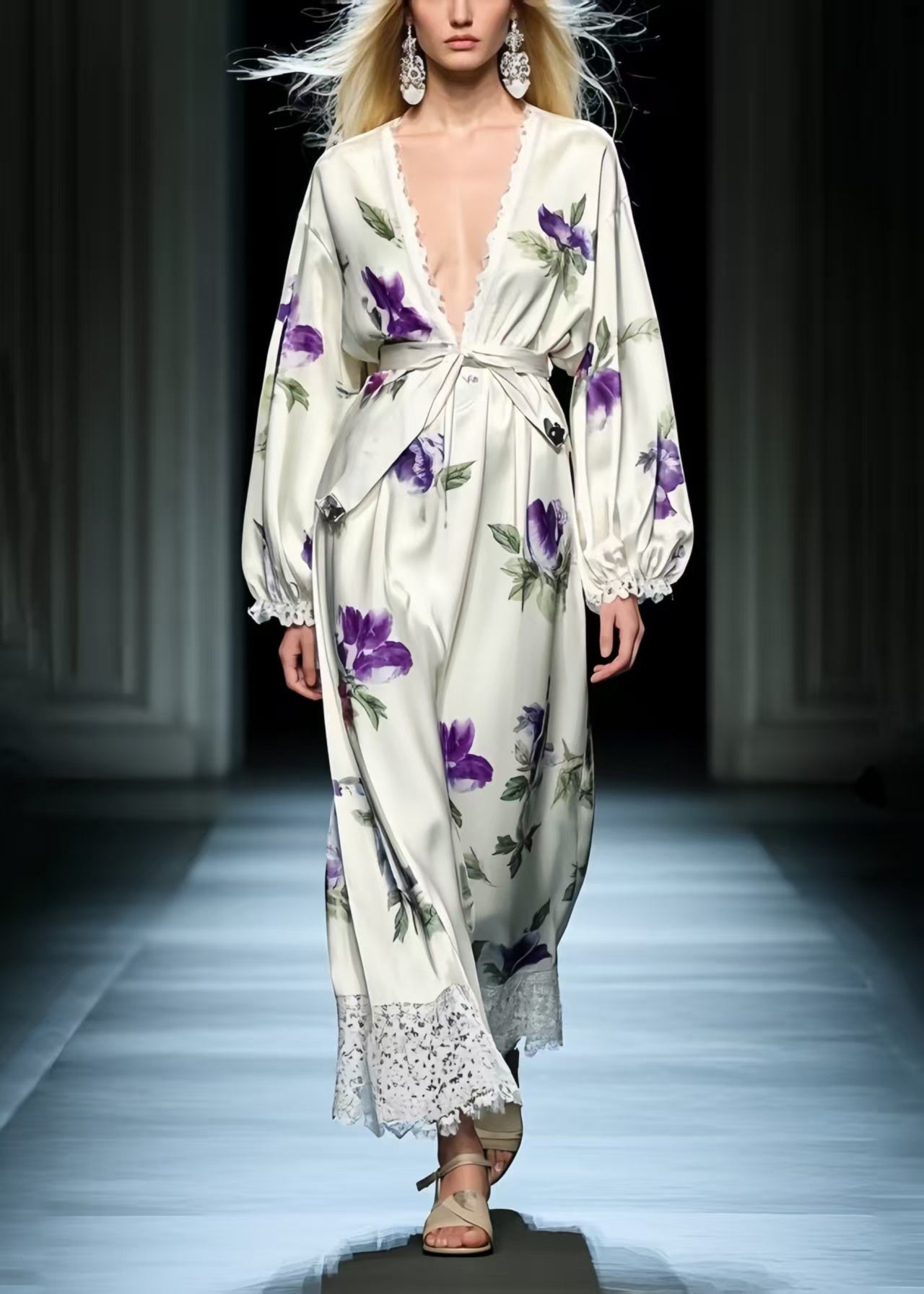 Plus Size Purple Floral Patchwork Silk Tunic Dresses Spring