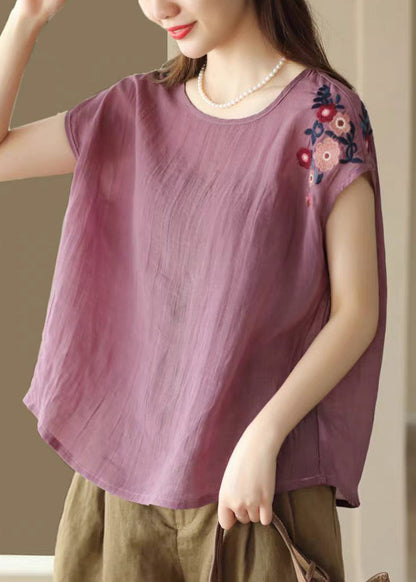 Plus Size Purple O Neck Embroidered Linen Top Summer