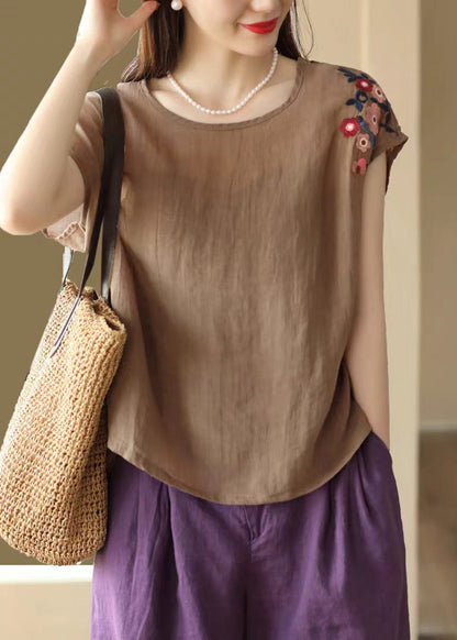 Plus Size Purple O Neck Embroidered Linen Top Summer