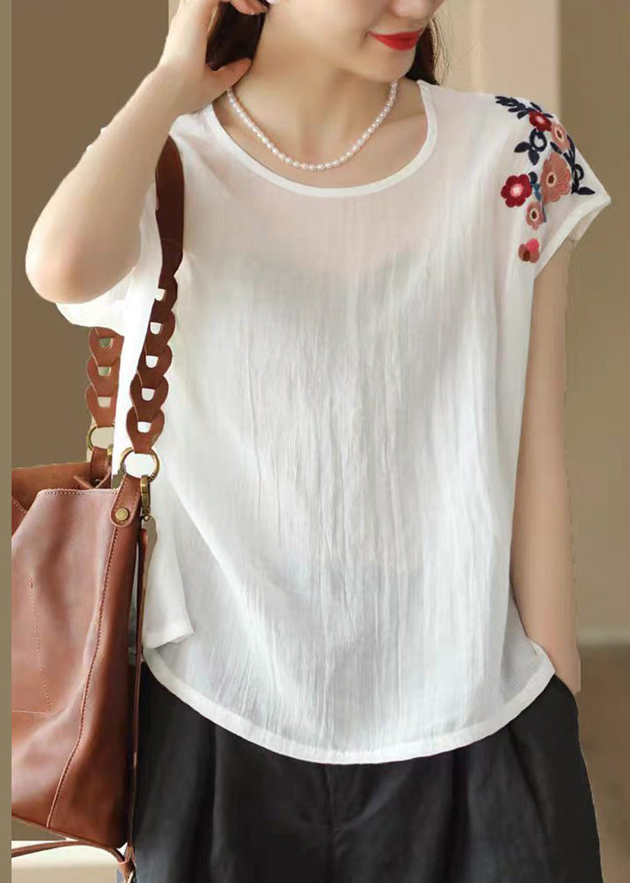 Plus Size Purple O Neck Embroidered Linen Top Summer