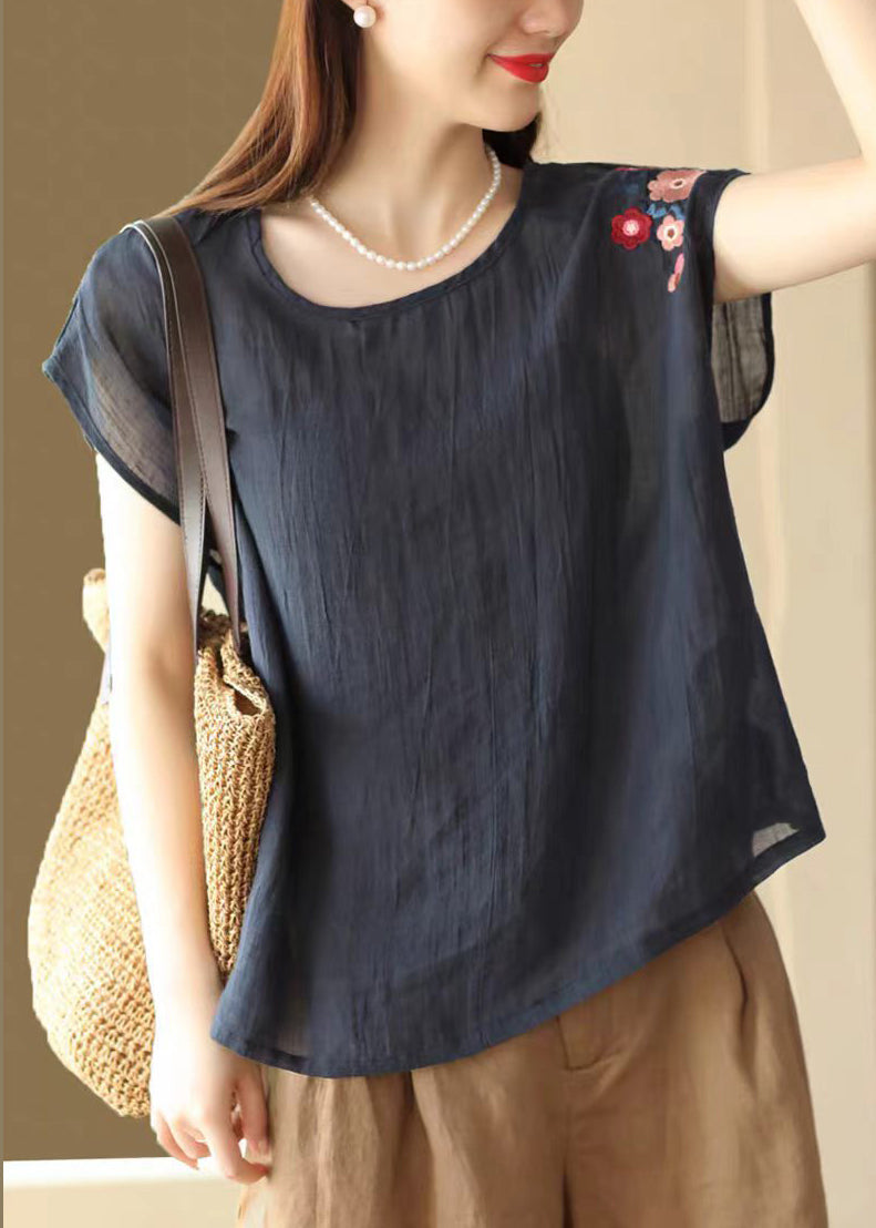 Plus Size Purple O Neck Embroidered Linen Top Summer
