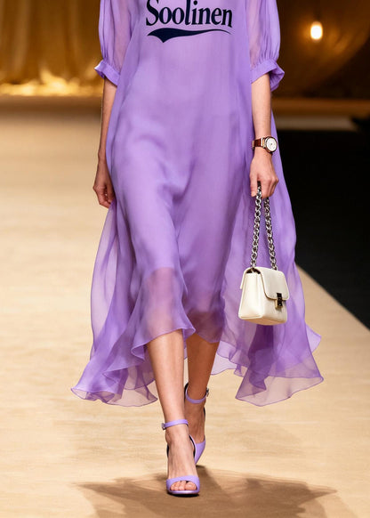 Plus Size Purple O Neck Print Chiffon Maxi Dresses Summer
