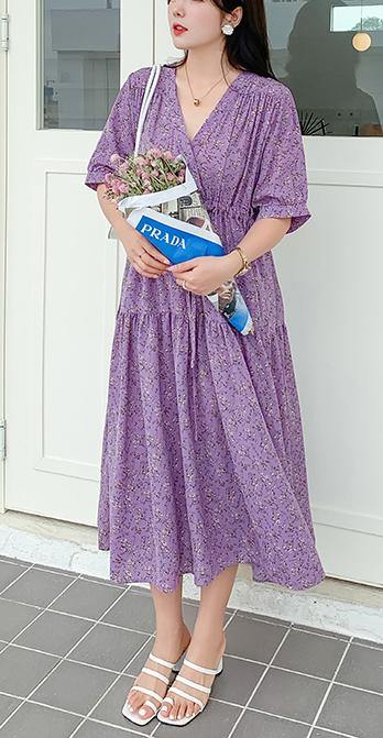 Plus Size Purple Print Chiffon V Neck Summer Dress - SooLinen
