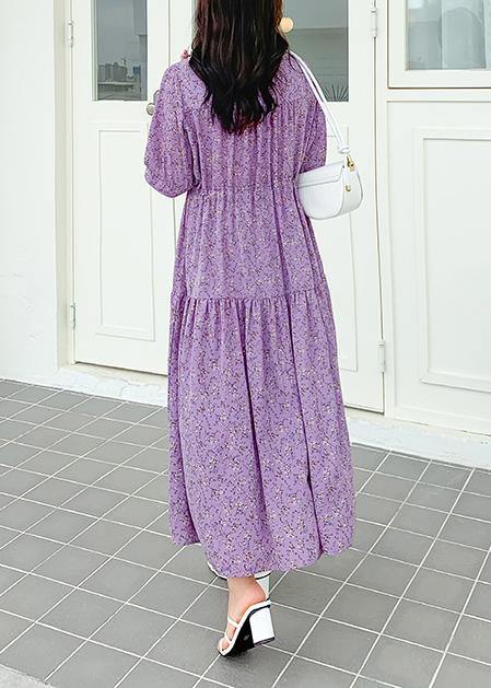 Plus Size Purple Print Chiffon V Neck Summer Dress - SooLinen