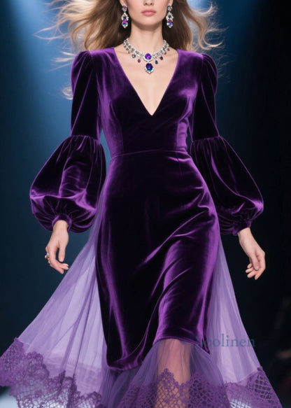 Vestido de primavera de talla grande con cuello en V, encaje, tul y patchwork de terciopelo morado