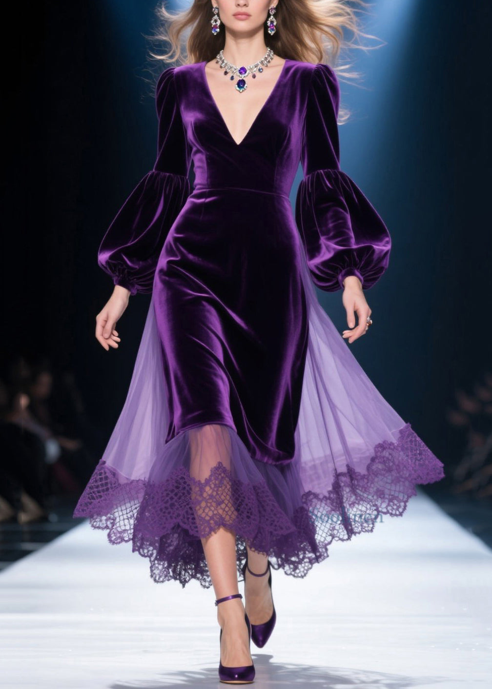 Vestido de primavera de talla grande con cuello en V, encaje, tul y patchwork de terciopelo morado